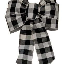 Holiday Trims White and Black 14 inch Plaid Bow